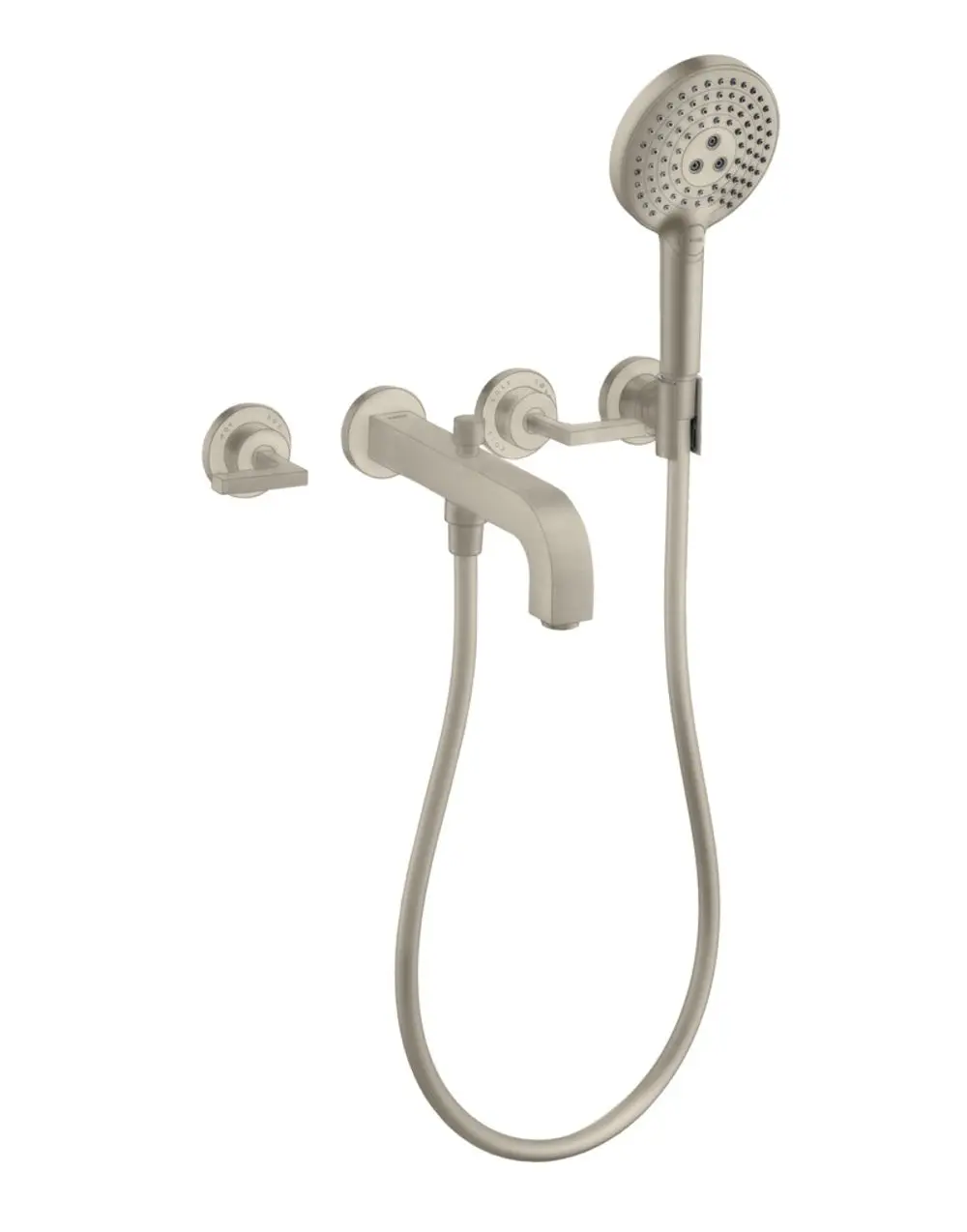 Dusche und Wannenarmatur von AXOR in gebürstetem Nickel mit zwei Hebelgriffen und flexibler Handbrause, die an der Wand montiert ist.